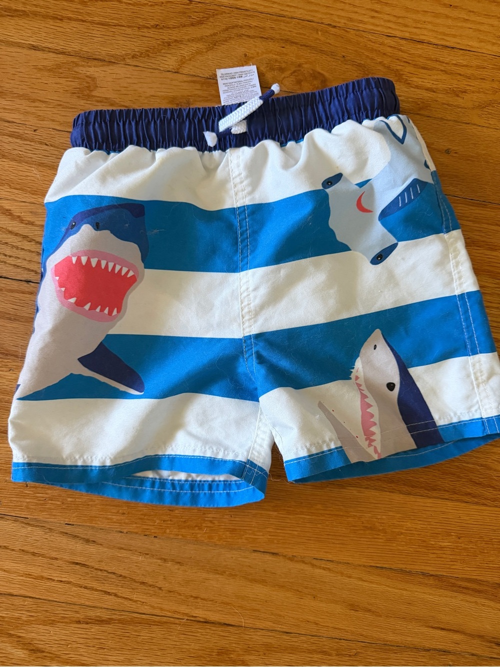 Mini Boden Blue & White Shark Stripe Swim Trunks